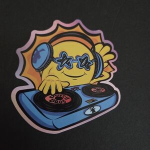Dutch Bros Yellow Sun DJ Sticker with Blue Turntable and Pink Outline